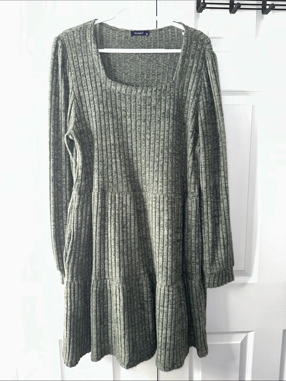 Ribbed Square-Neck Long Sleeve Dress in Olive Green